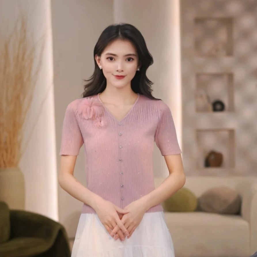 V领2025春夏新款精致女人闪闪钻镂空短袖花朵微透半袖针织杉