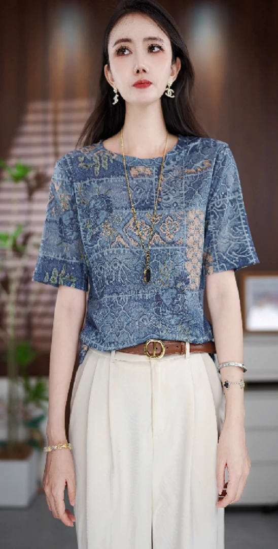 Y200新款时尚百搭气质宽松减龄短袖上衣-悠悠