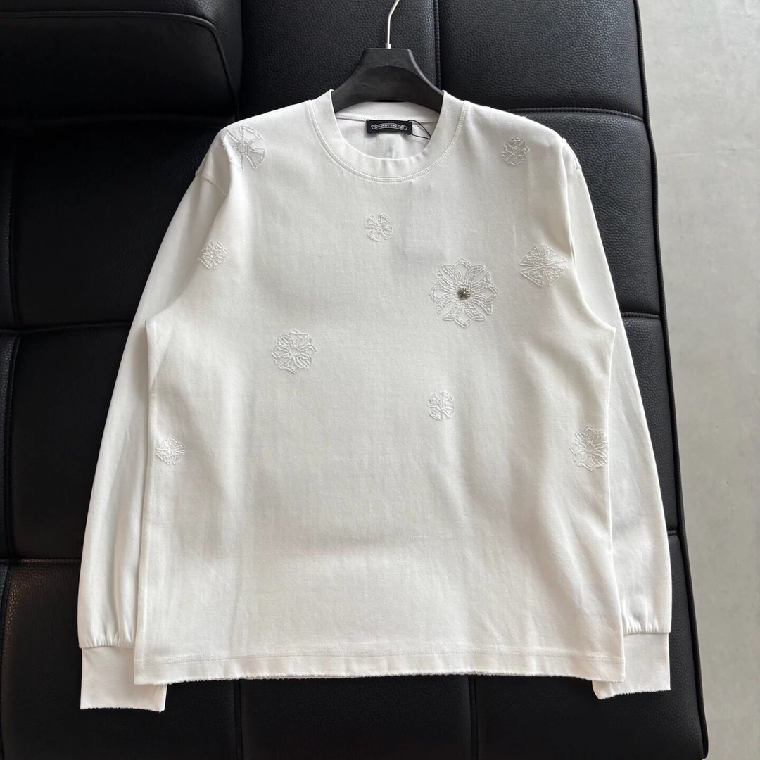 十字架马蹄梵文烧花水洗磨破圆领宽松休闲长袖卫衣3571