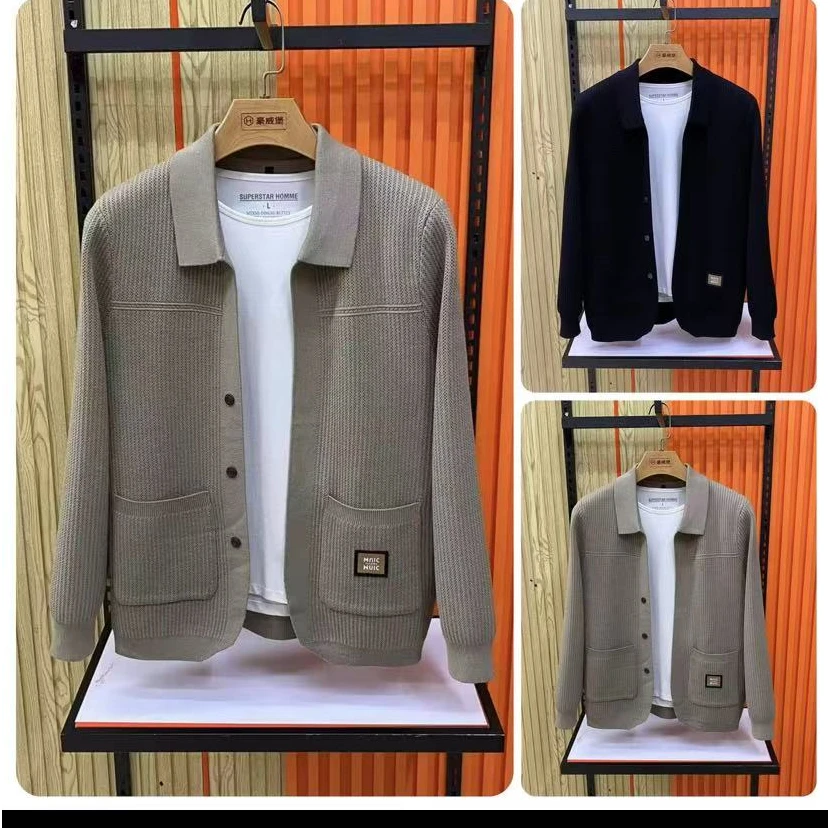 新款高端男士翻领休闲针织夹克外套