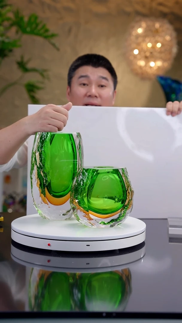 摆件黄绿色冰川纹花器一组