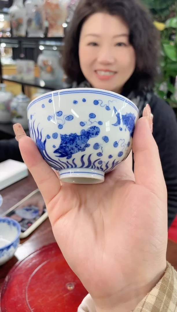 【闪购商品】013陶瓷供应链青花鱼藻纹画片鸡心杯