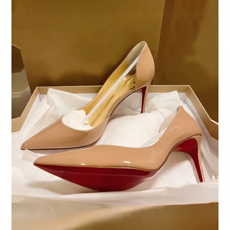 裸色高跟鞋女细跟2024新款气质红底鞋尖浅口气质漆皮职业侧空单鞋