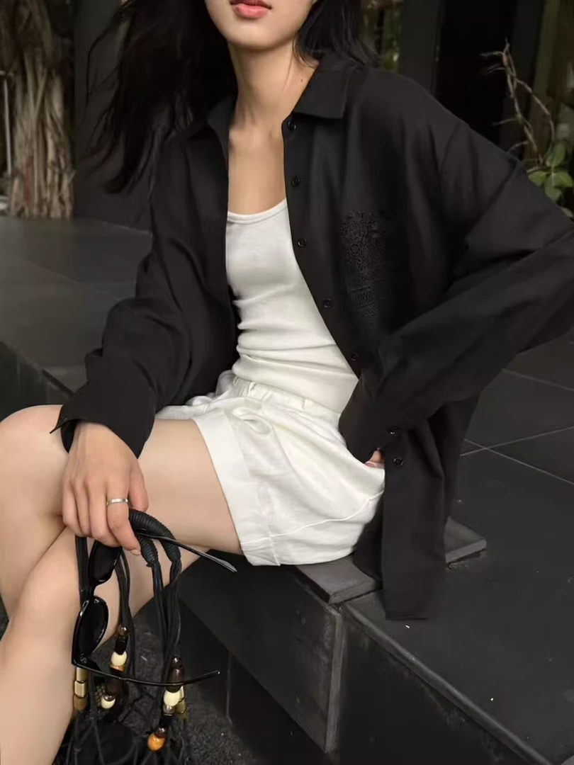 ONE BY TOW 2025新款天丝亚麻翻领宽松蕾丝拼接衬衫27275