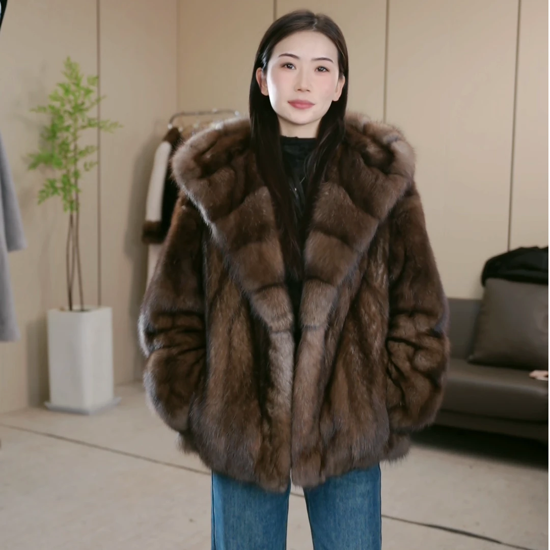 华丽园俄罗斯貂中长款川刀连帽时尚保暖显瘦貂外套