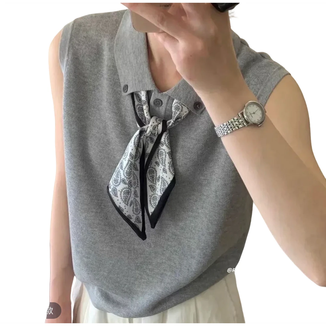 猪猪头家（有丝巾，可拆卸）2025夏季新款高级感气质翻领配丝巾t恤女