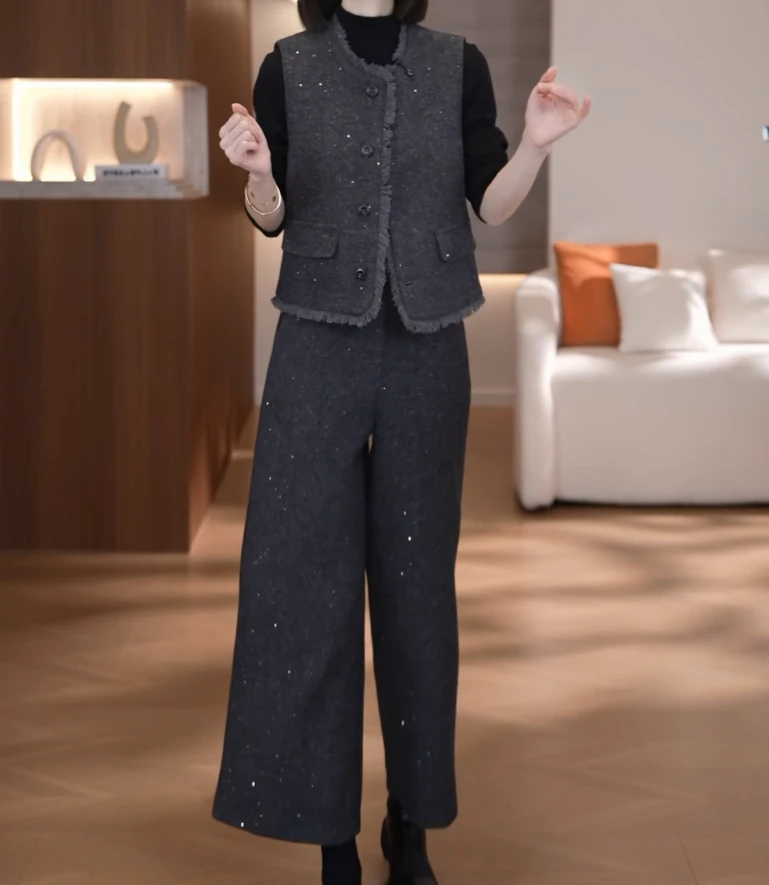 TZ【运补】2025秋冬新气质小香风时尚显瘦阔腿裤三件套