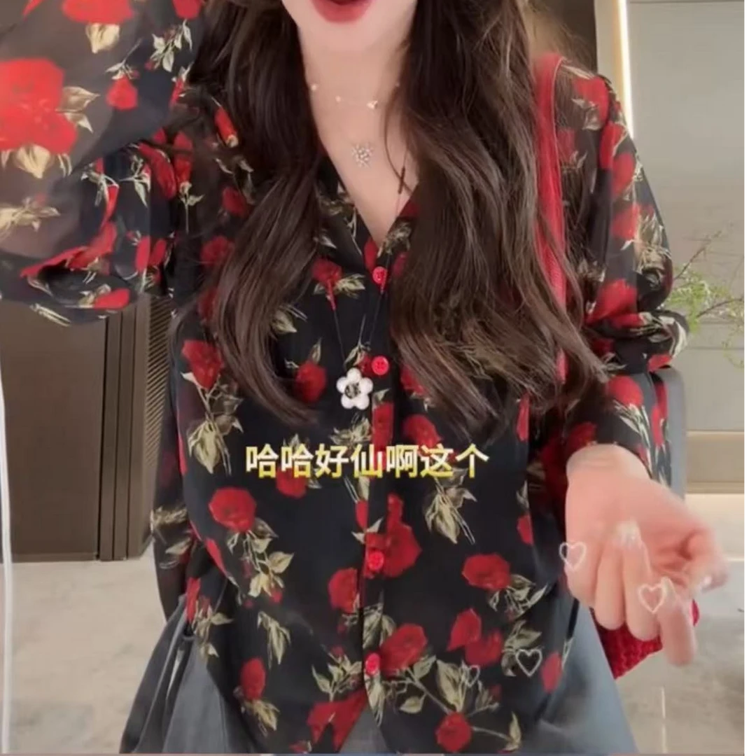 小小雪儿推荐’爱尔兰‘’春夏季高级感玫瑰天.丝碎花长袖衬衫女