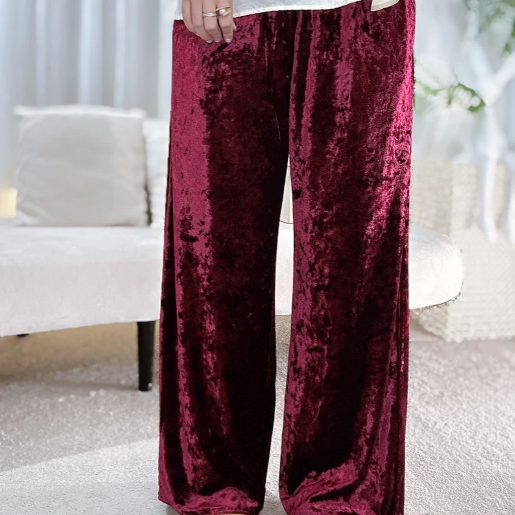 丝绒宽松百搭直筒休闲阔腿松紧腰高腰保暖时尚长裤女装HF-666819