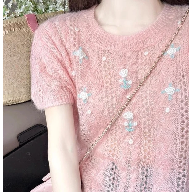 浪漫温柔系钩花粉色针织衫2025年夏季韩系气质氛围感圆领甜美上衣