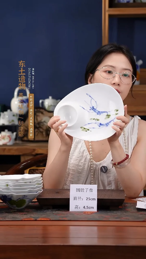 陶瓷景德镇釉中彩餐具圆饺子盘直径25高4.5