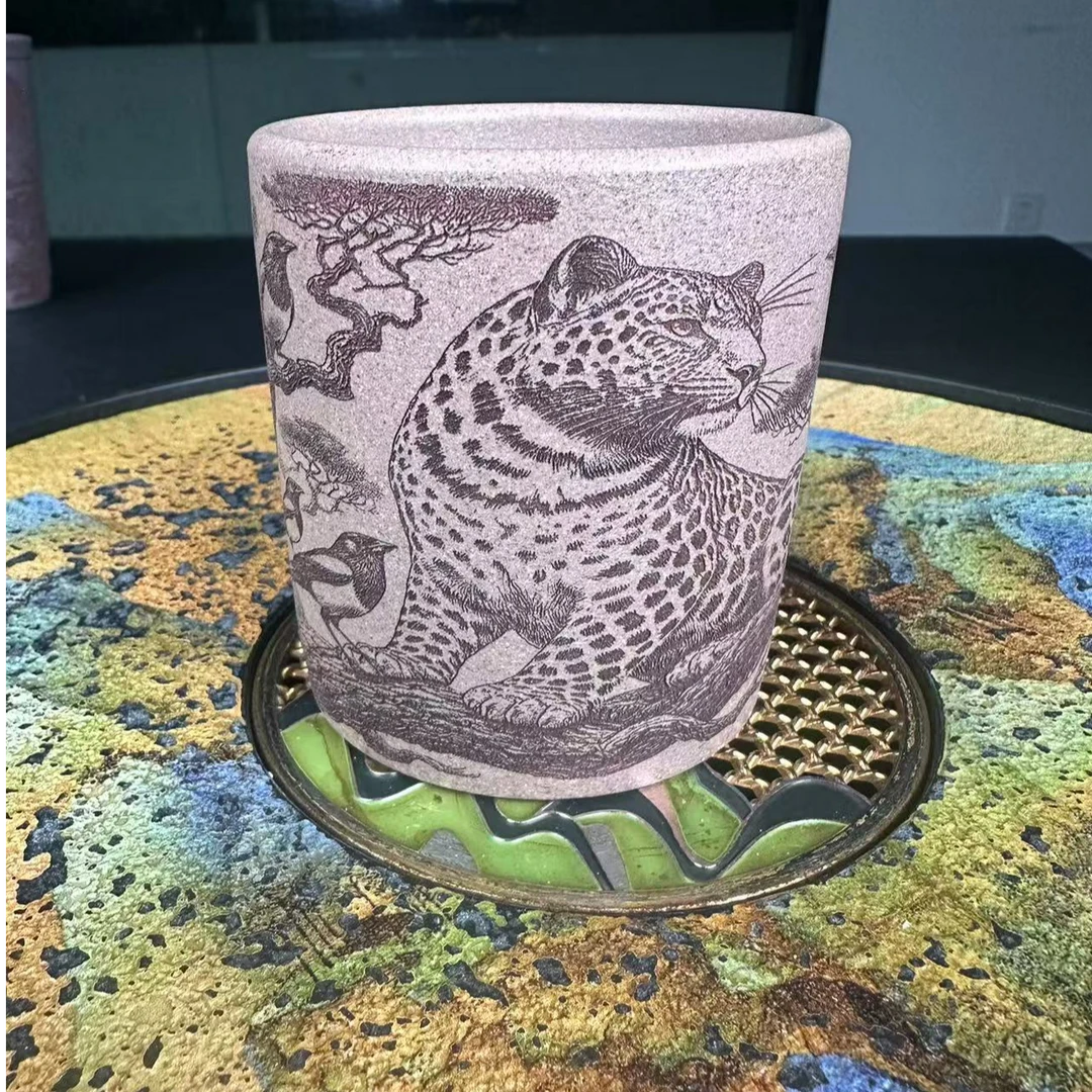 宜兴正宗紫砂主人杯全手工刻绘报喜图原矿桃花泥直筒杯容量180ml