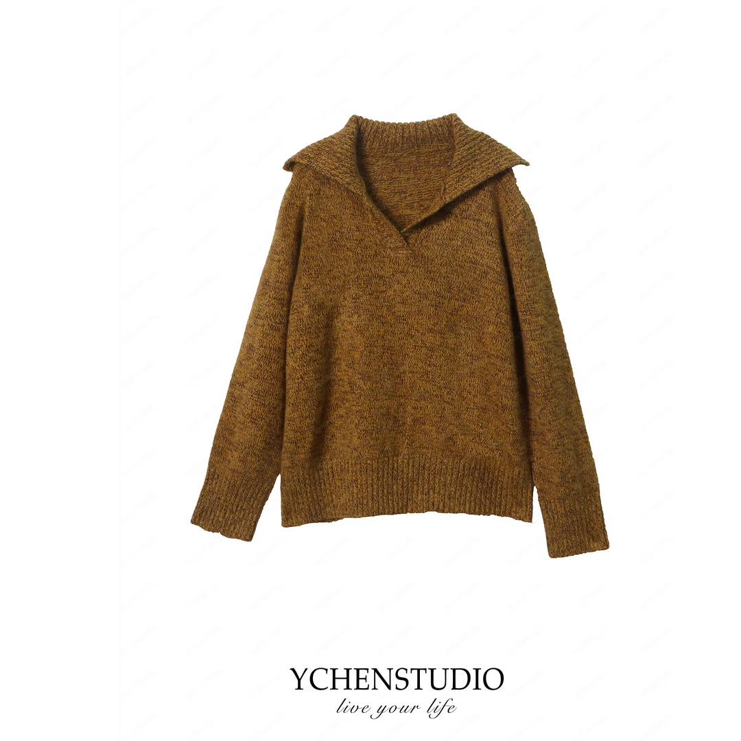 YC【金三角】秋冬新款万能百搭复古时尚翻领宽松两色慵懒风针织毛衣
