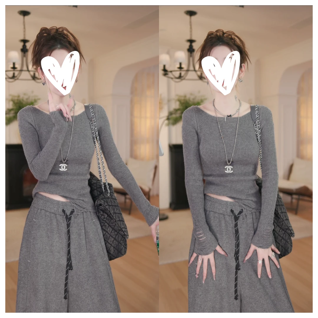 秋冬新款设计感毛针织衫修身显瘦长袖打底衫简约气质复古C6538