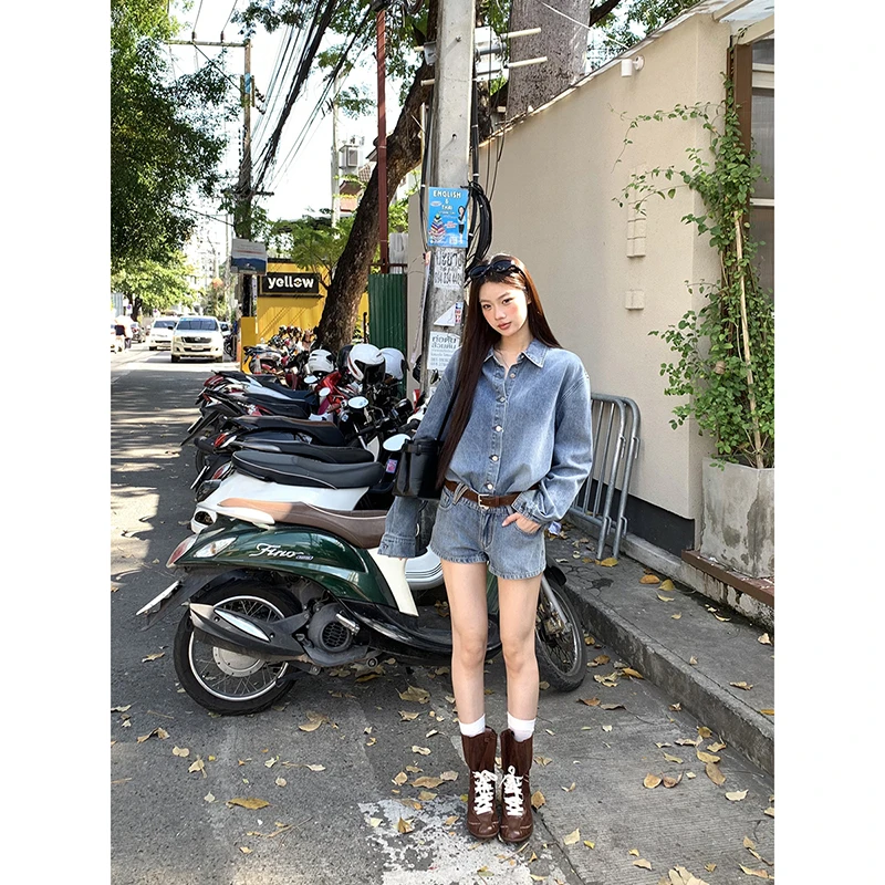 【牛仔女郎牛仔裤】春秋时尚复古宽松短裤百搭长袖休闲牛仔裤25006#