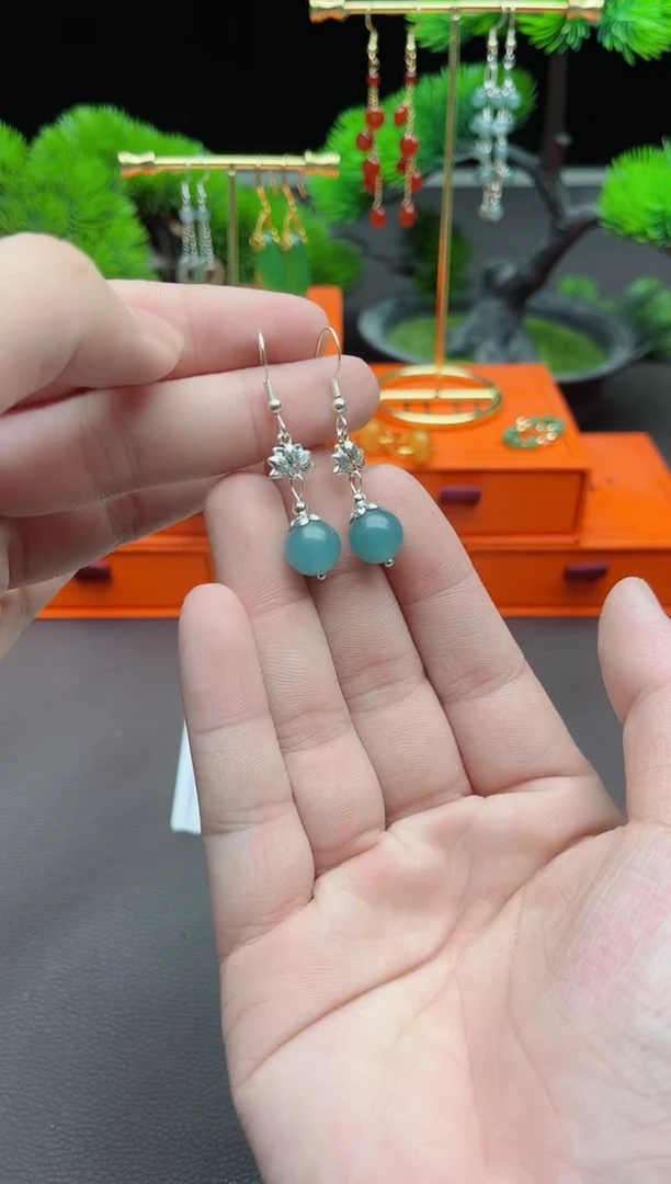 石英质玉（天山翠）银S925镶嵌耳饰237000