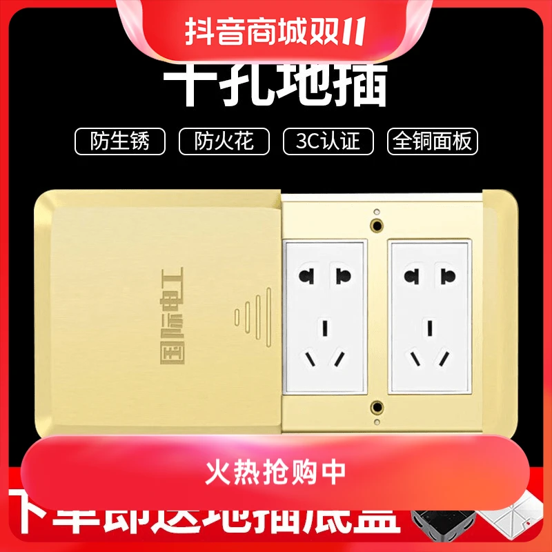 国际电工全铜防水平推式地插座隐藏式平推地插双五孔16a电话网