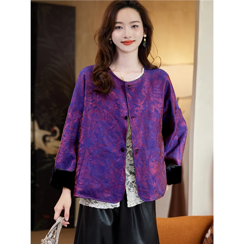 新中式两面穿提花丝绒外套女2025秋季高级感复古国风气质宽松上衣