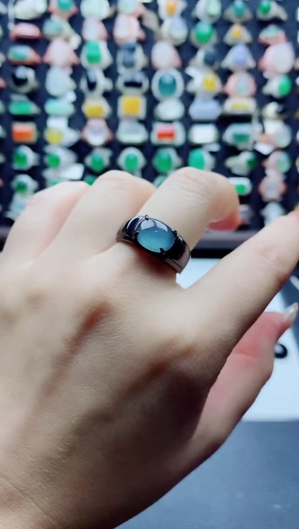 银S925镶嵌戒指翡翠天然翡翠A货男戒