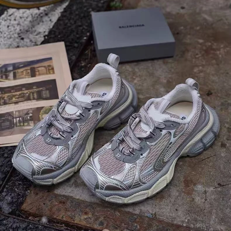 诗歌兰女鞋2025新款时尚真皮百搭做旧厚底网面透气休闲运动老爹鞋