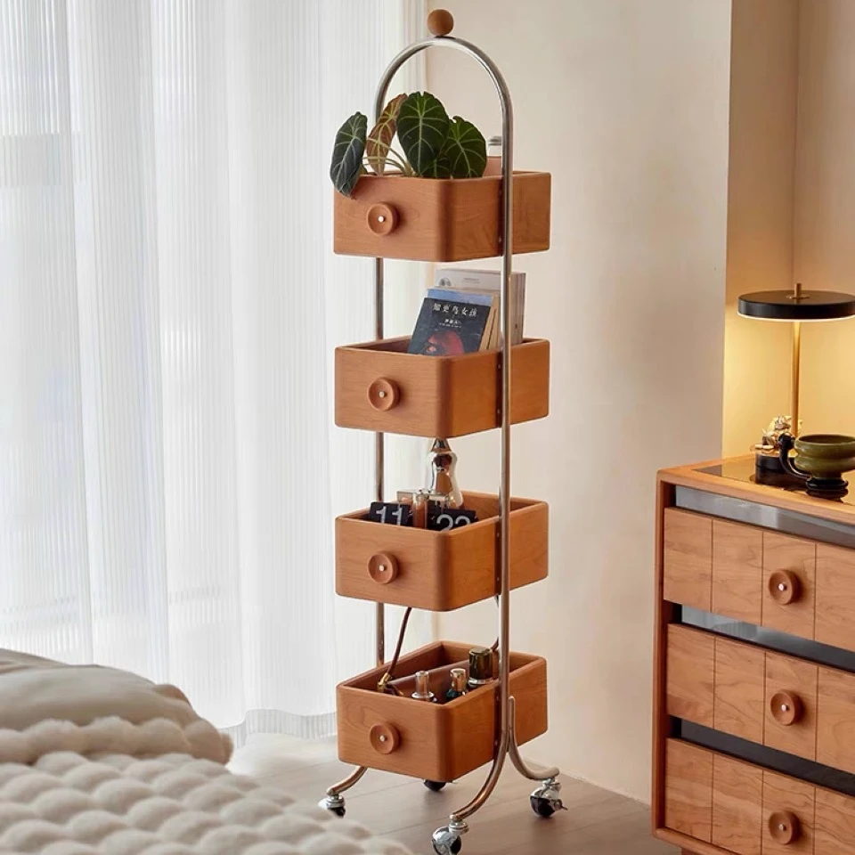 中古风实木书架客厅家用落地转角置物架可移动储物柜收纳展示柜