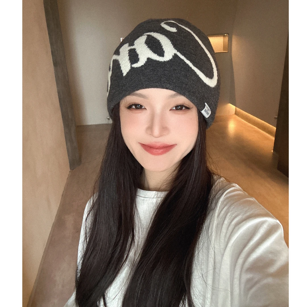 简单帽子女冬户外登山字母冷帽女秋冬提花针织帽男防寒保暖毛线帽