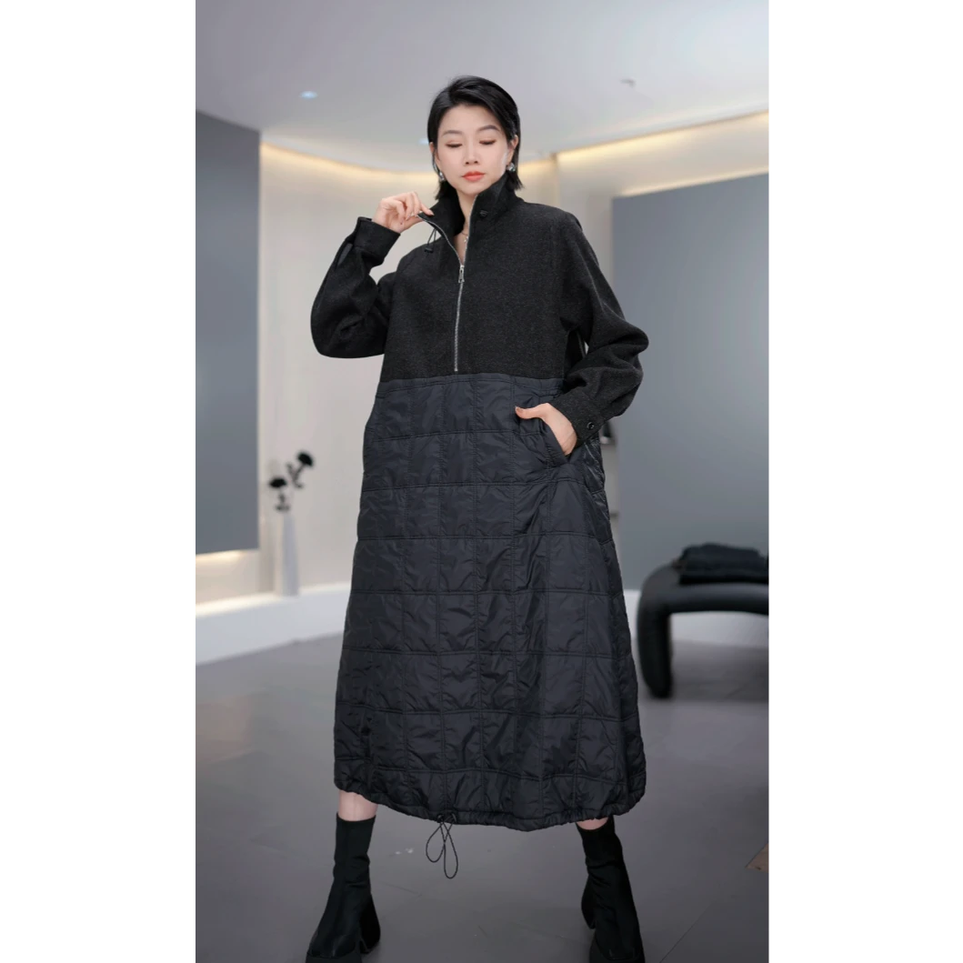 鑫鑫2025秋季新款小众设计高级感毛呢拼接夹棉格纹连衣裙33416