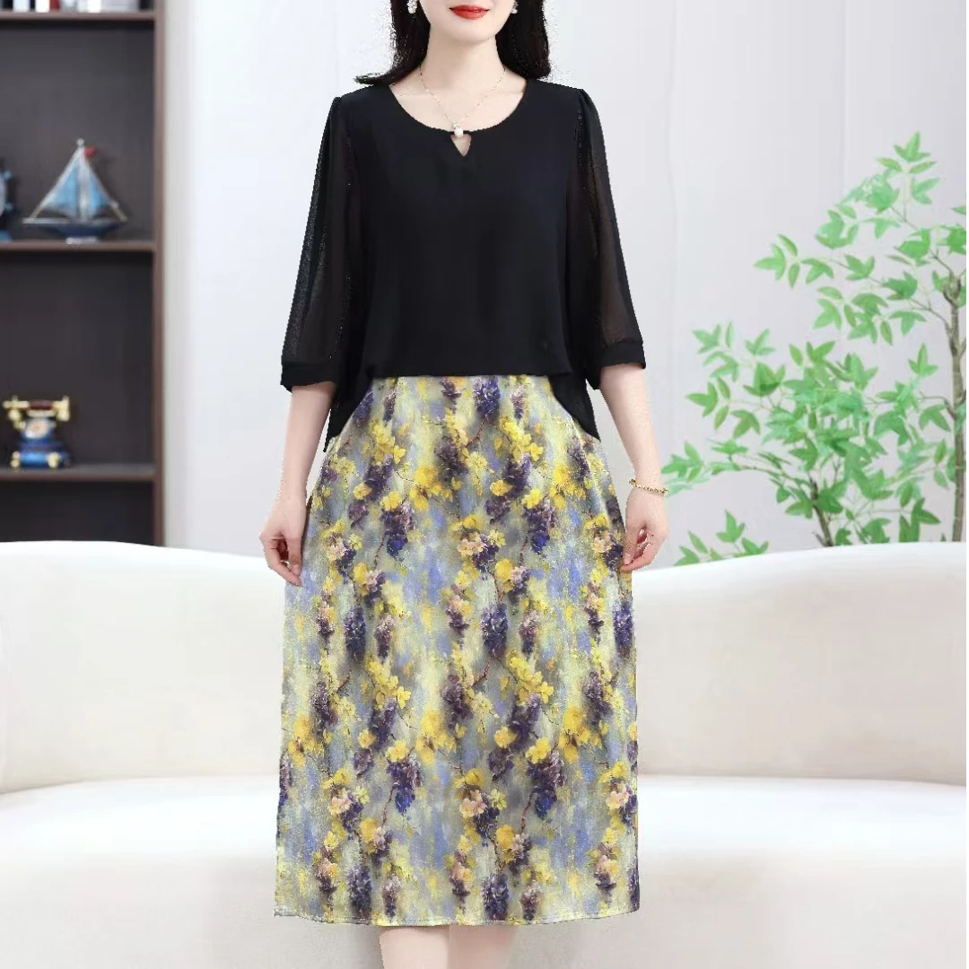 775夏季新款时尚气质显瘦拿宽松连衣裙中长款洋气遮肚妈妈装裙子