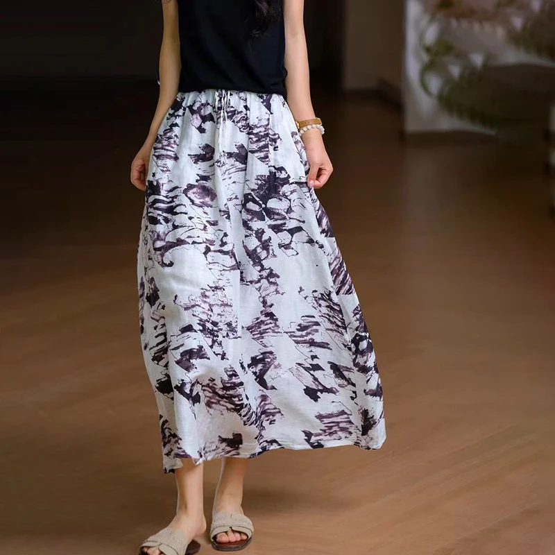 (衣兮水墨画桑蚕丝亚麻半身裙)915夏季设计感不规则国风半身裙W