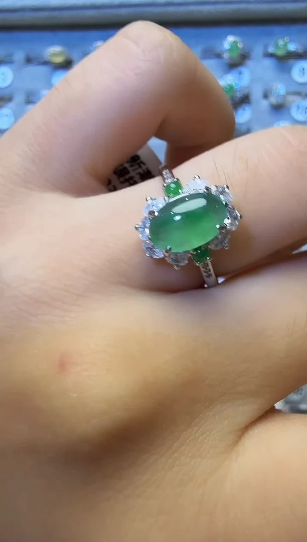 银S925镶嵌戒指翡翠925银镶缅甸A货翡翠戒指【26】