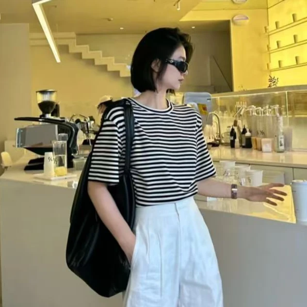 【商场同款】夏季新款百搭经典条纹短袖T恤短款上衣摩登猫1300790