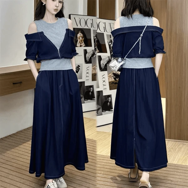 【巴韩】玲姐家2563时尚韩版拼接撞露肩假两件上衣＋半身裙两件套装