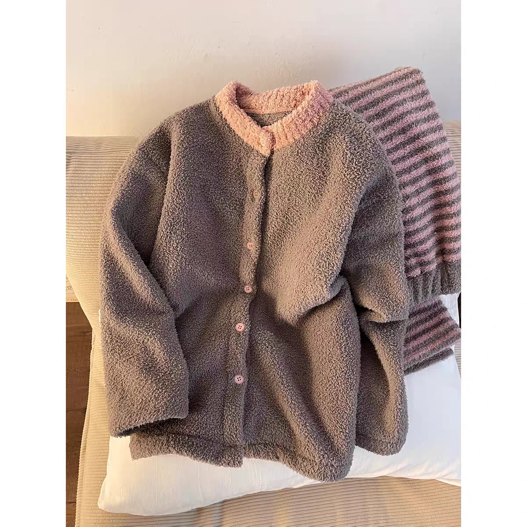 新款糯米绒冬季睡衣女保暖加绒加厚条纹半边绒家居服套装秋冬