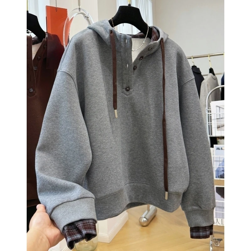 韩系慵懒风宽松休闲连帽加绒加厚套头卫衣女秋冬巨好看的独特上衣