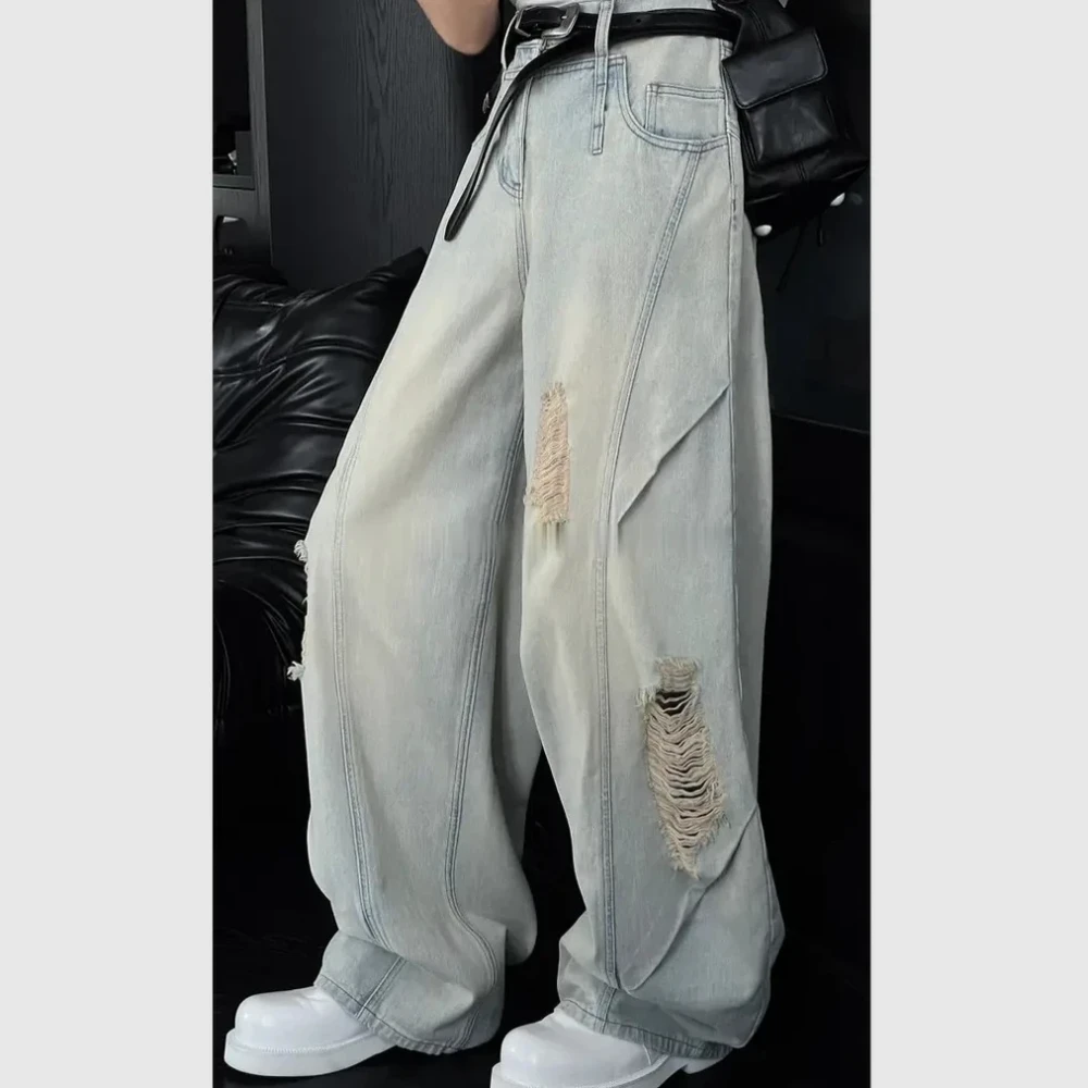 美式复古设计款水洗破洞牛仔裤女2025秋季新款高街休闲弯刀长裤子