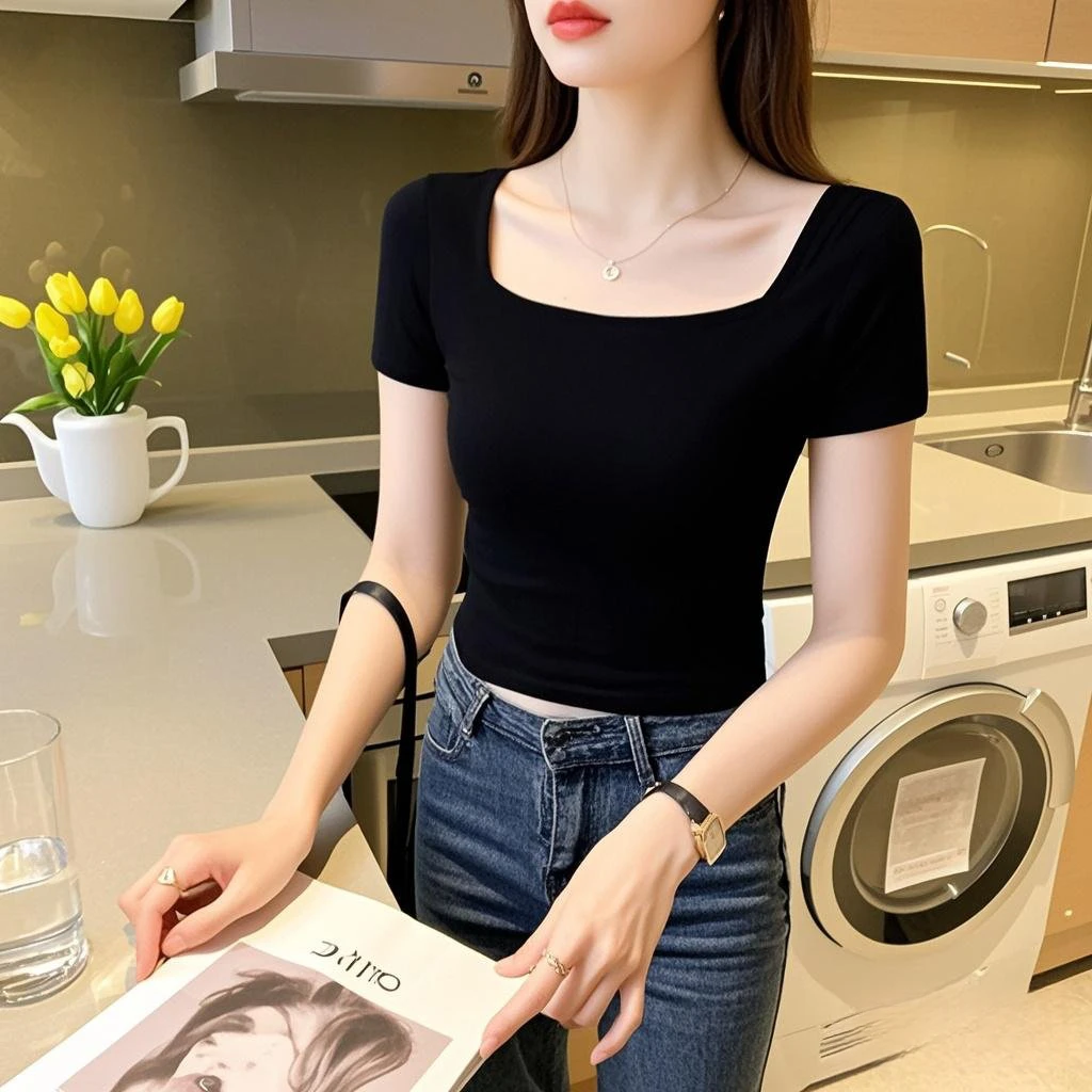黑色方领短袖T恤女2025新款夏季低领修身露锁骨设计感正肩上衣ins