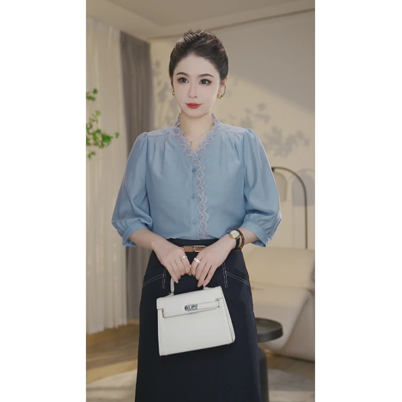 【小北甄选】曼贝8592386C蓝色小衫女款职业纯色夏款时尚装百搭