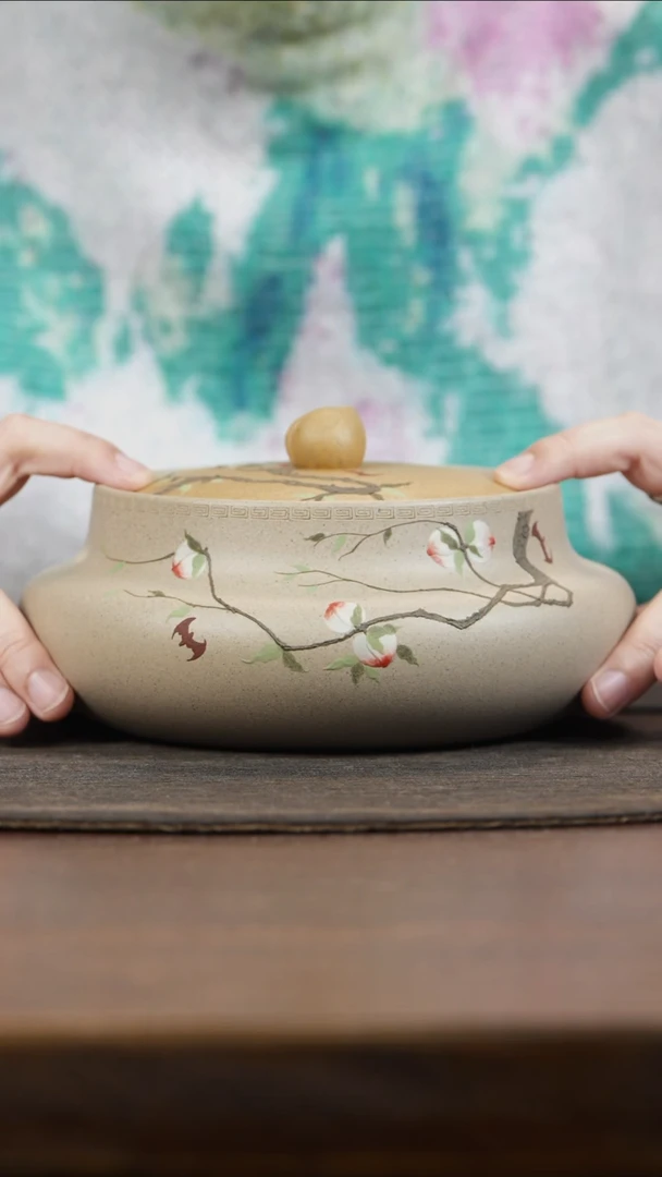 【闪购商品】紫砂茶叶罐定窑白泥绘寿桃茶叶罐