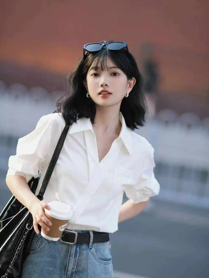 白色衬衫夏季女士法式气质衬衣v领短袖上衣宽松收腰衬衣短袖薄款