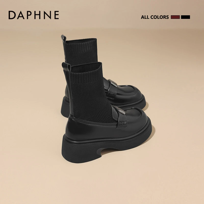达芙妮黑色小皮鞋女英伦风短靴2025新款弹力瘦瘦连袜靴厚底乐福鞋
