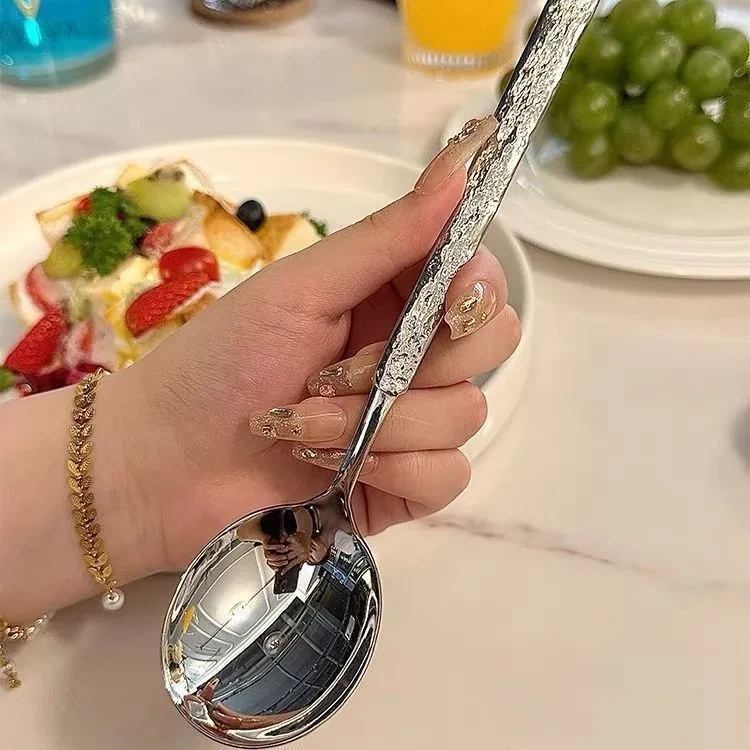 学生汤匙西餐吃饭汤勺调羹加厚不锈钢冰纹勺家用成人饭勺长柄勺子