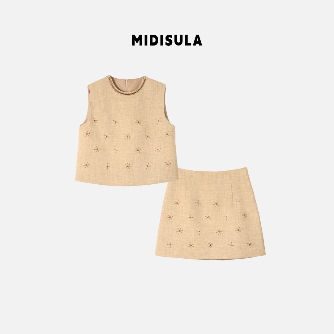 MDSL·休闲亮钻小香风时尚套装无袖马夹短裙显瘦轻奢上衣#1136