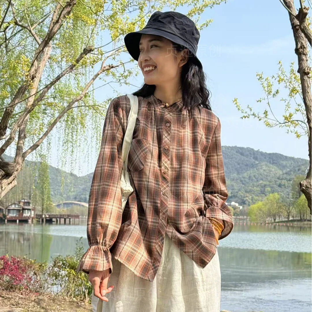 30185- 复古格纹长袖衬衫宽松设计感百搭休闲翻领衬衣上衣