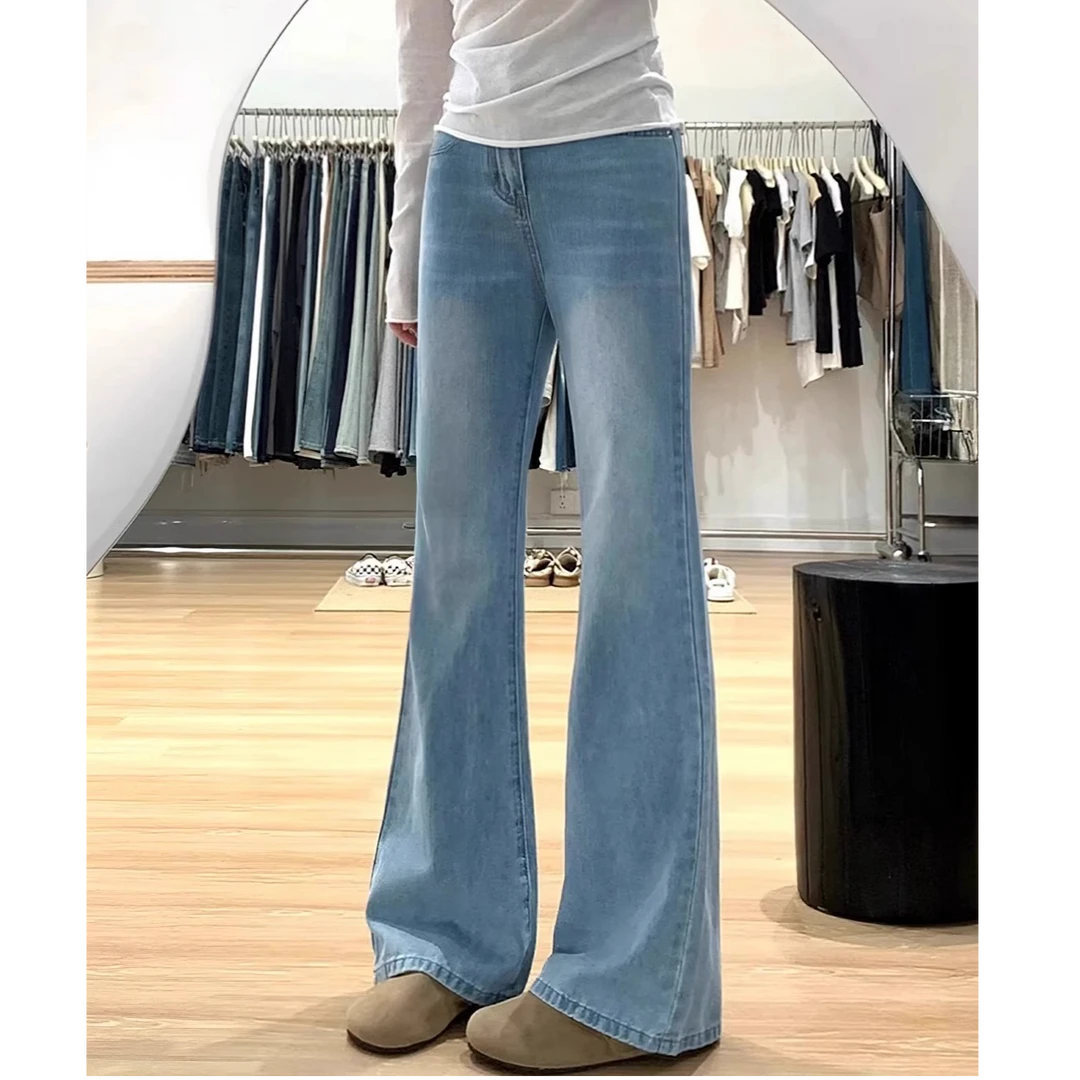 浅蓝色微喇牛仔裤女夏季薄款大码胖mm高腰显瘦百搭喇叭马蹄裤