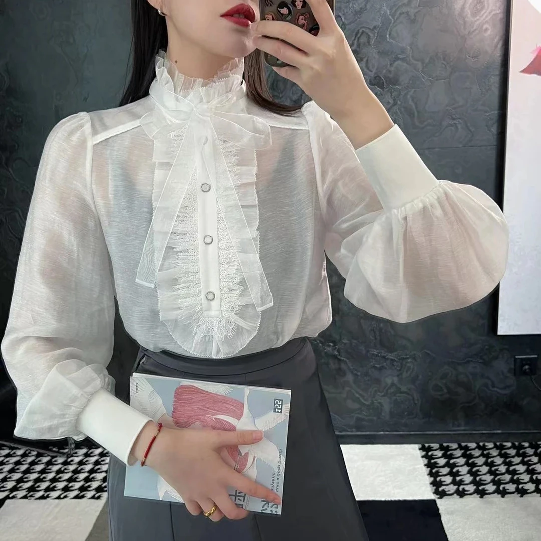 {专柜}商场同款2025早春新款时尚木耳边百搭飘带长袖衬衫5301033