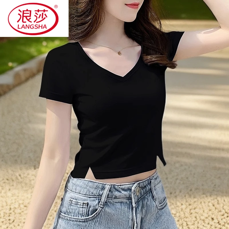 浪莎修身洋气黑色V领T恤小个子短袖短款新款夏季开叉百搭显瘦