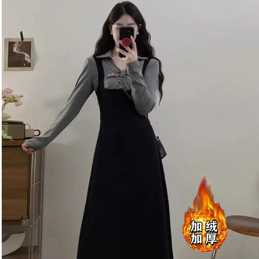 （80-200斤）连衣裙女秋冬时尚假两件小黑裙胖MM遮肚子显瘦裙子1688