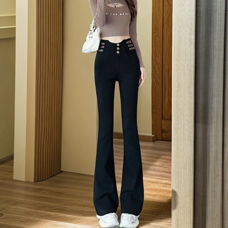 小个子高腰微喇裤女春秋季爆款弹力修身显瘦黑色百搭马蹄喇叭裤子