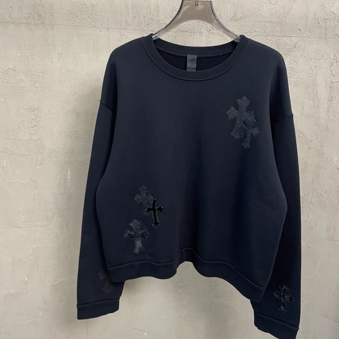 未使用 Chrome Hearts/克罗心 黑色多拼皮马毛十字架圆领卫衣