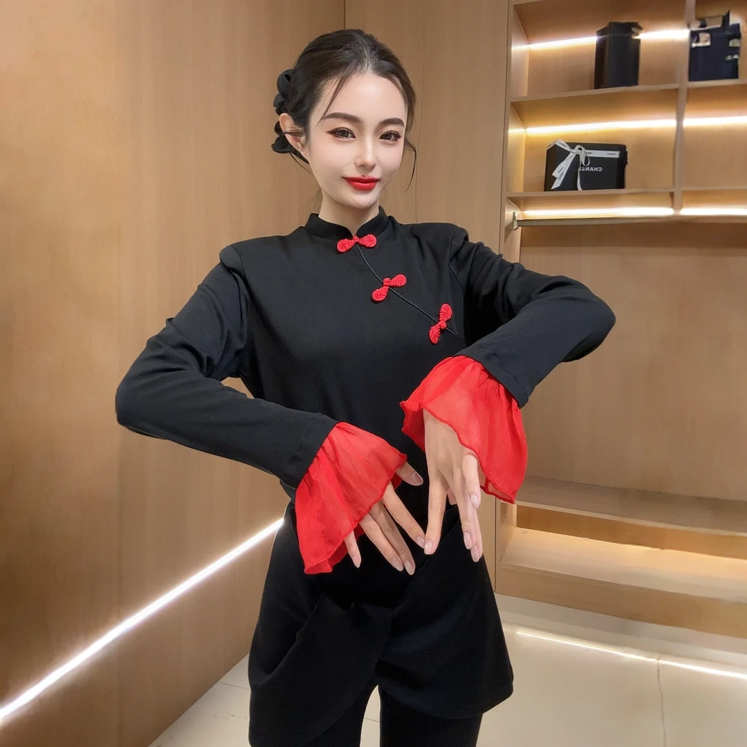 韩版设计感新中式荷叶袖温柔风盘扣旗袍式加绒显瘦打底衫6936上衣